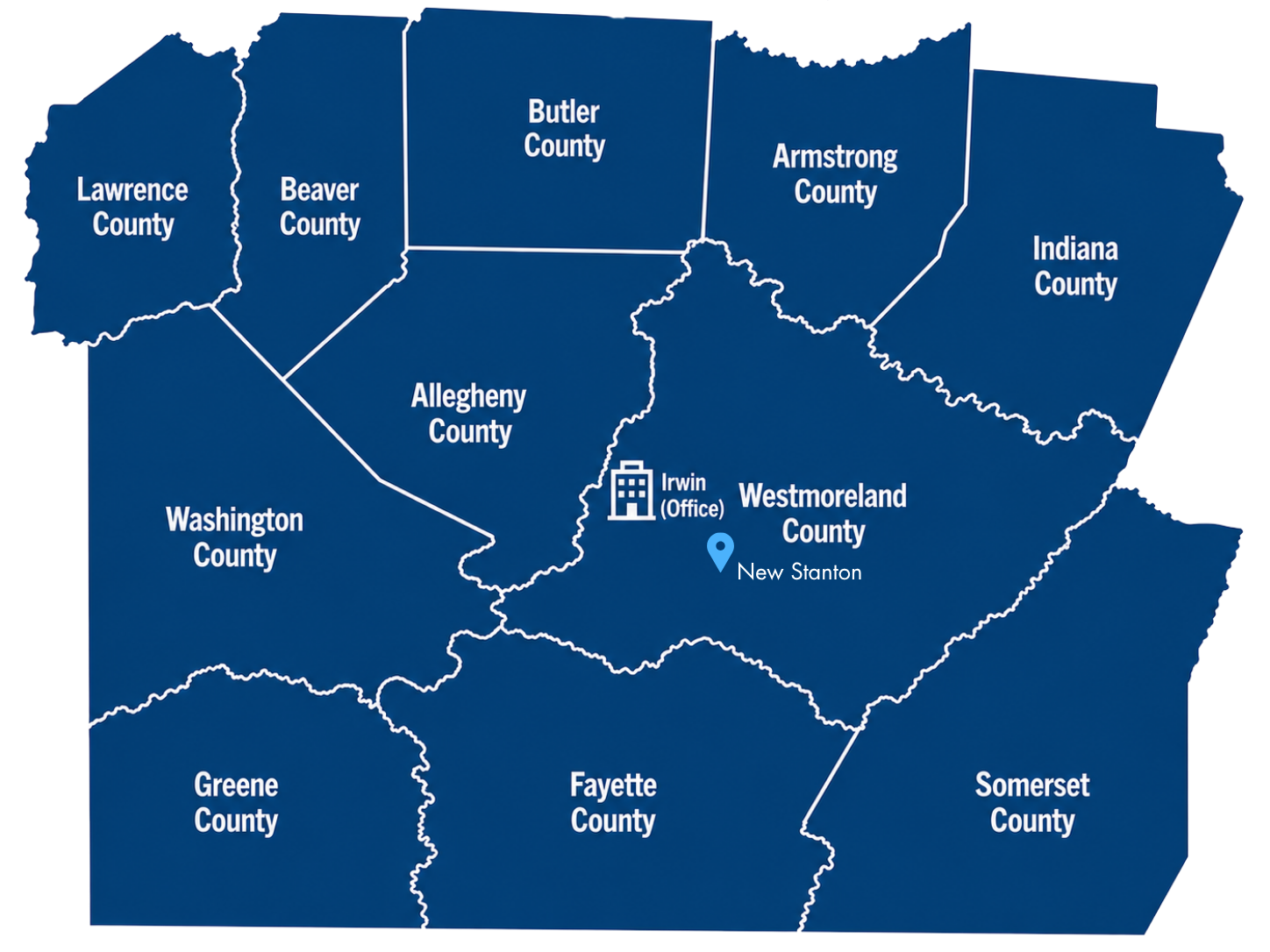 Blue county map highlighting Westmoreland County with an Irwin Office building icon and a New Stanton label pin Pennsylvania